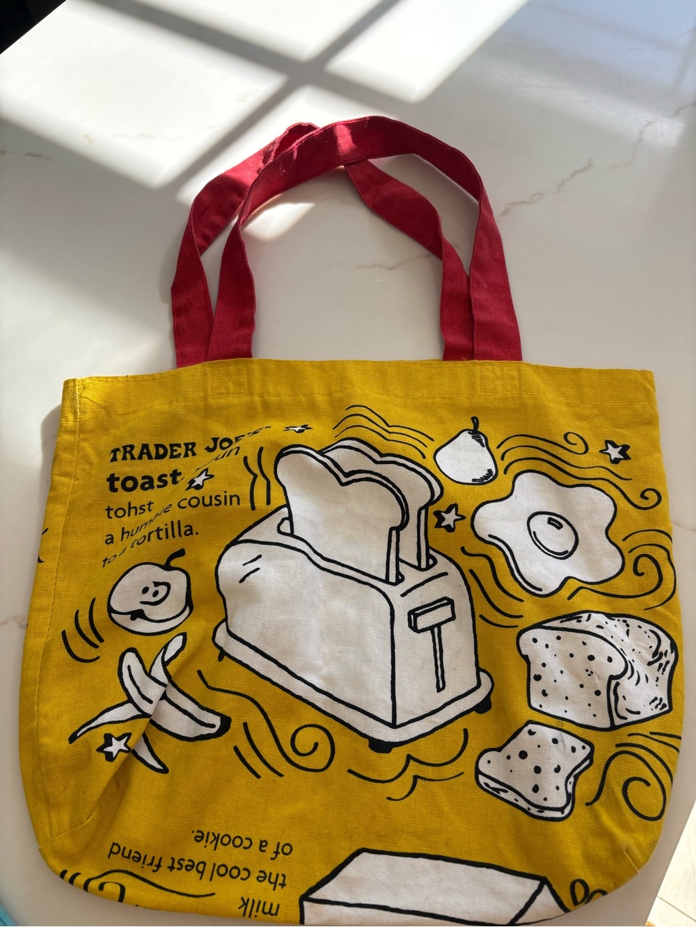 Vital Trader Joe’s Breakfast Yellow Tote Bag with Red Handles and Toast Graphic